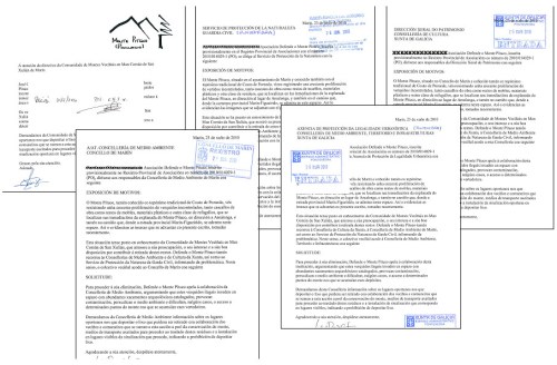 Escritos presentados á Comunidade de Montes de San Xulián, á Concellería de Medio Ambiente de Marín, ás Consellerías de Cultura e de Medio Ambiente, e ao Seprona, denunciando a proliferación de verquidos ilegais no Monte Pituco