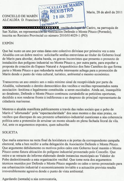 Escrito dirixido ao alcalde de Marín. Levamos xusto un ano cursando peticións de entrevista que SEMPRE irgnora.