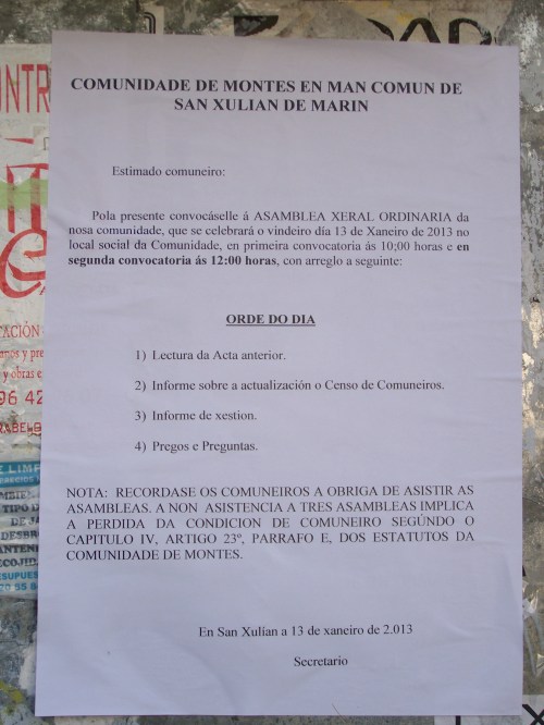 Domingo 13 de xaneiro, asemblea da Comunidade de Montes de San Xulián.