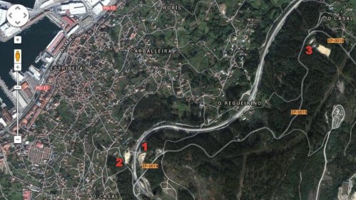 Mapa dos verquidos ilegais de rodas: 1, pista da variante; 2, explanada do Pituco; 3, aparcadoiro de Lourizán.