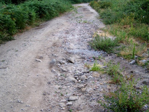 Estado da pista en xullo de 2013, co firme estragado e as marches cubertas de vexetación.