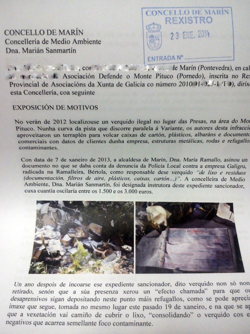 Escrito presentado no Concello sobre o verquido contaminante nas Presas.