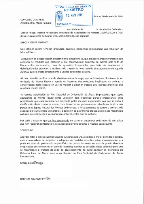 Escrito ao Concello de Marín solicitando entrevista coa alcaldesa sobre o Monte Pituco.