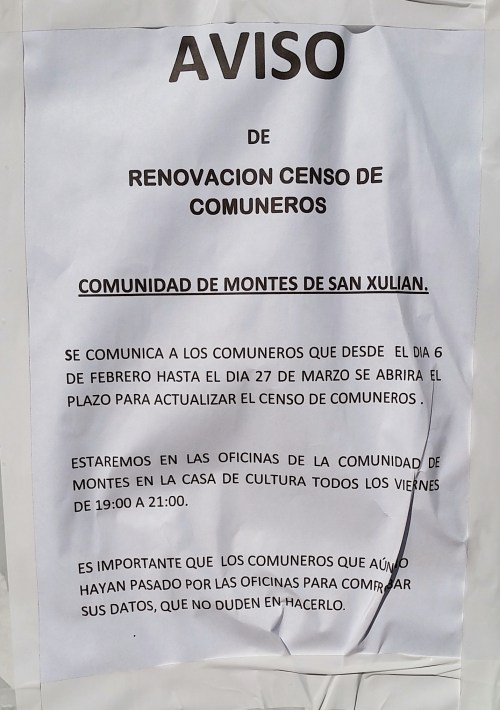 Aviso oficial da directiva da Comunidade de Montes de San Xulián.