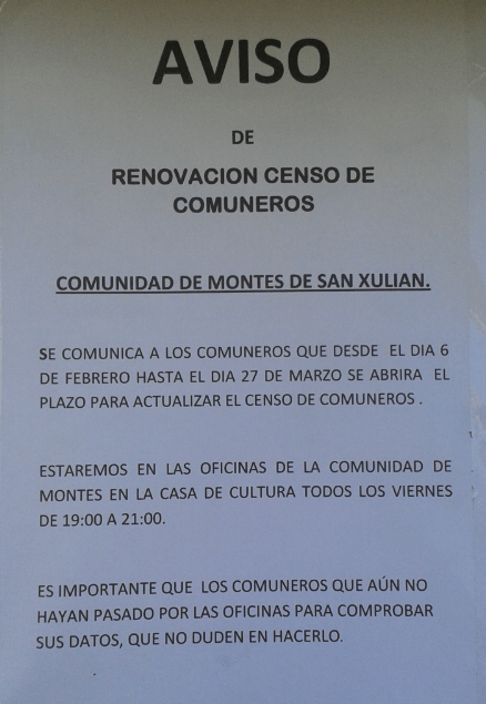 Aviso instalado esta semana pola Comunidade de Montes de San Xulián nos paneis informativos da parroquia.