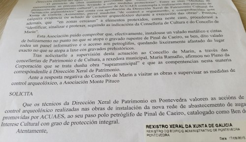 Escrito dirixido ao Servizo Provincial de Patrimonio.