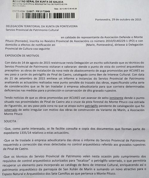 Escrito ao Servizo Provincial de Patrimonio da Xunta