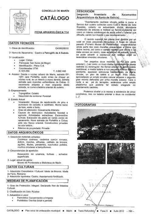 Ficha do Castro da Subidá no PXOM de Marín