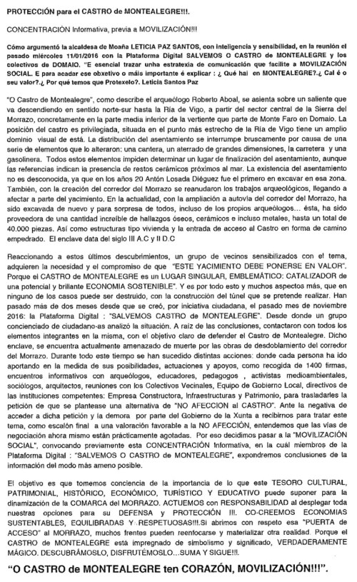 Folleto informativo pola defensa do Castro de Montealegre