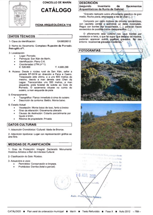 Ficha do petroglifo de Sete Camiños no PXOM de Marín
