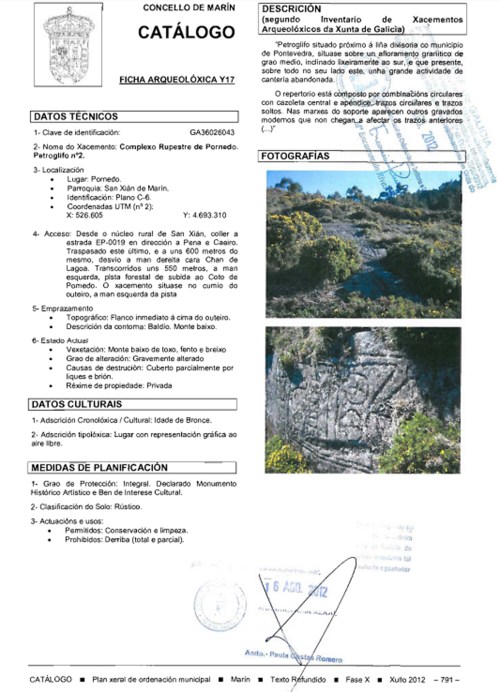 Ficha do petroglifo de Pornedo 2 no PXOM de Marín
