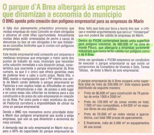 Boletín BNG Marín, febreiro 2009: polígono indistrial no Monte Pituco
