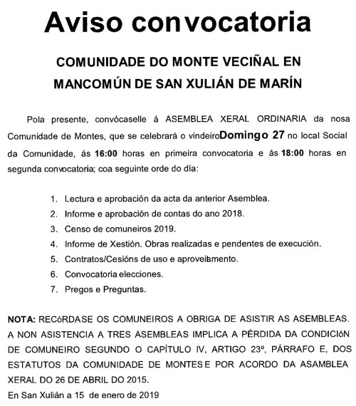 Asemblea na Comunidade de Montes de San Xulián, xaneiro 2019